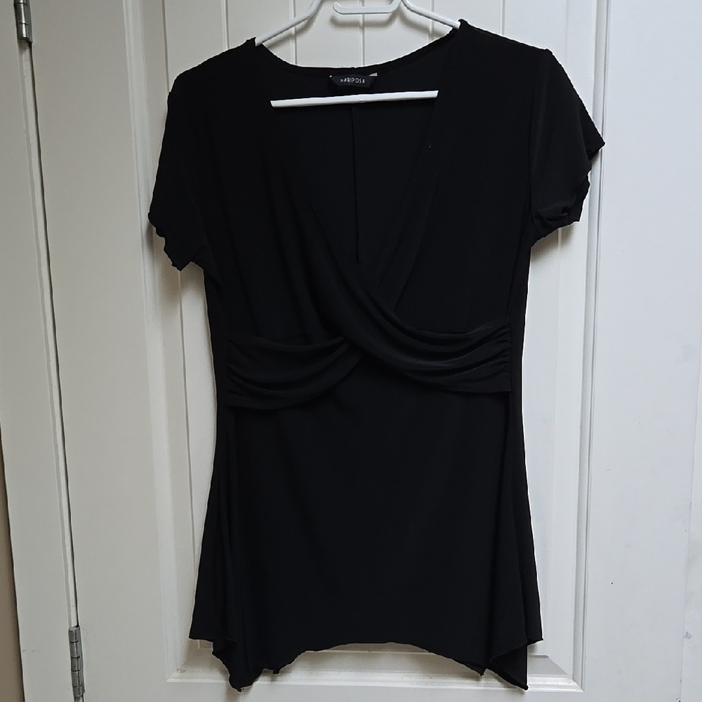 Mariposa Express Black Short Sleeve Asymmetrical Tunic Shirt Top Short Slweve